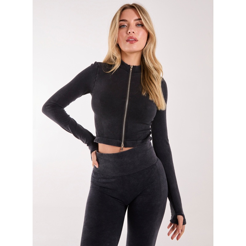 Active Rib Double  Zip Top-S & M & L-WASHED BLACK