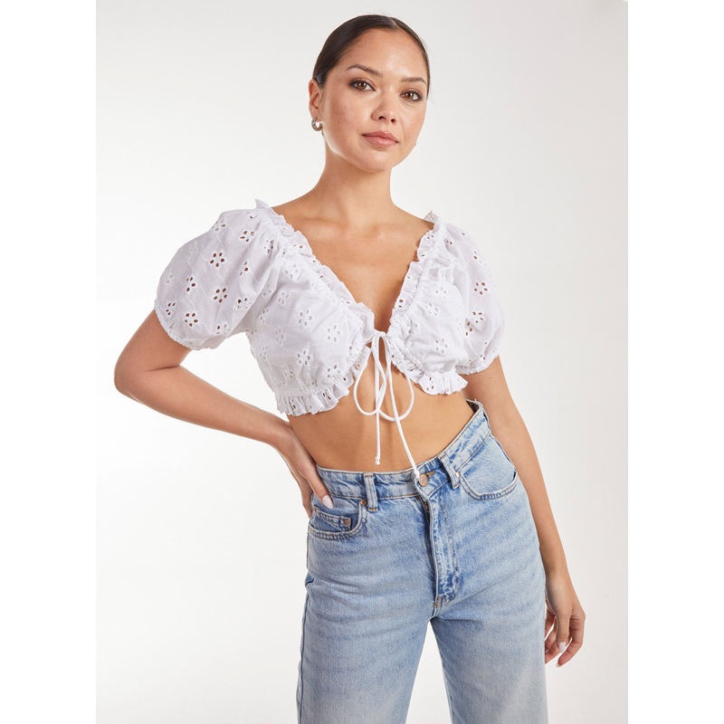 Broderie Puff Sleeve Tie Top-S & M & L-IVORY