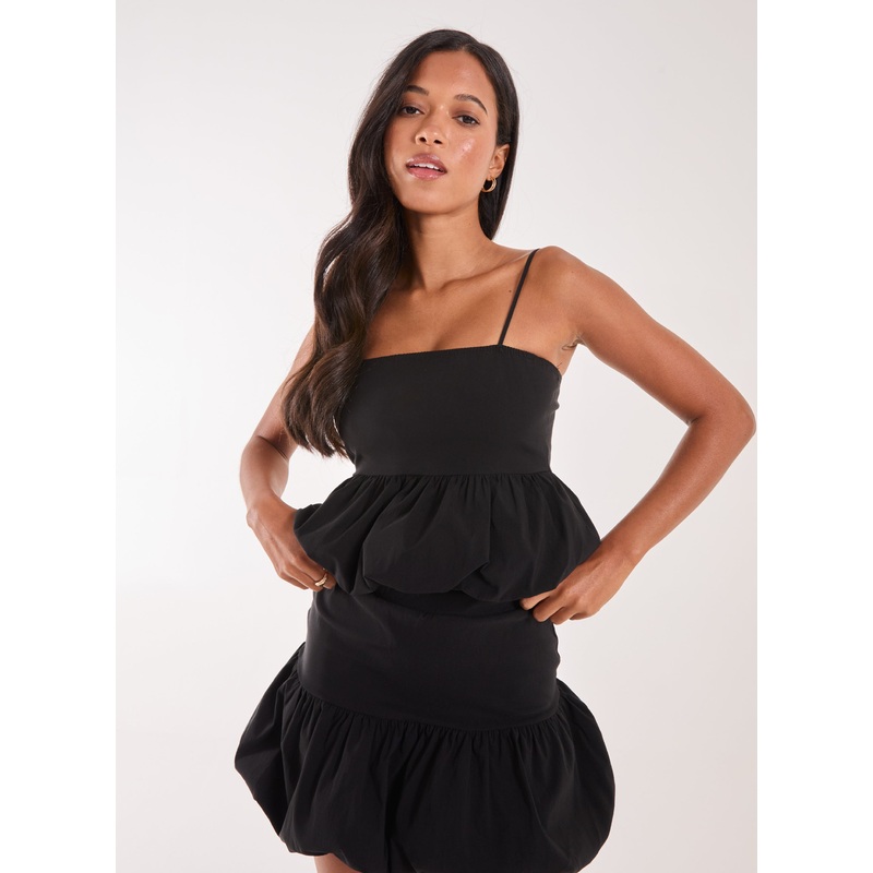 Bubble Hem Strappy Top-S & M & L-BLACK