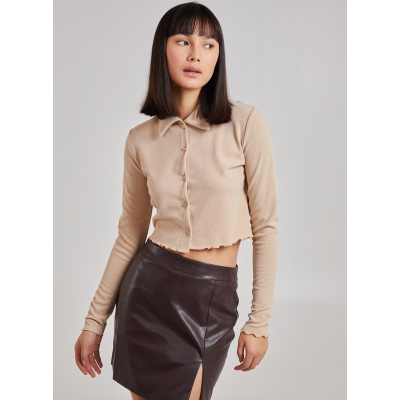 Button Up Ribbed Crop Top-6 & 8 & 10 & 12 & 14-Stone