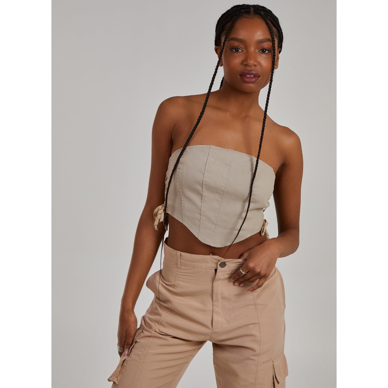 Cargo Lace Up Corset Top-S & M & L-STONE