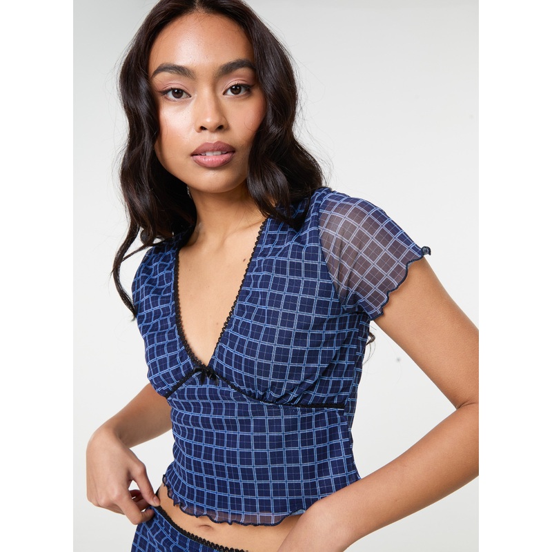 Check Cap Sleeve Crop Top-S & M & L-Dusty Blue