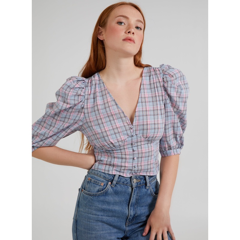 Check Puff Sleeve Crop Top-8 & 10 & 12 & 14-Blue