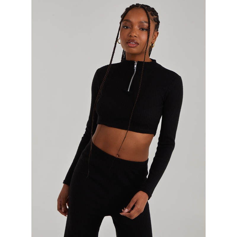 Chunky Brushed Rib Zip Up Top-S & M & L-Black