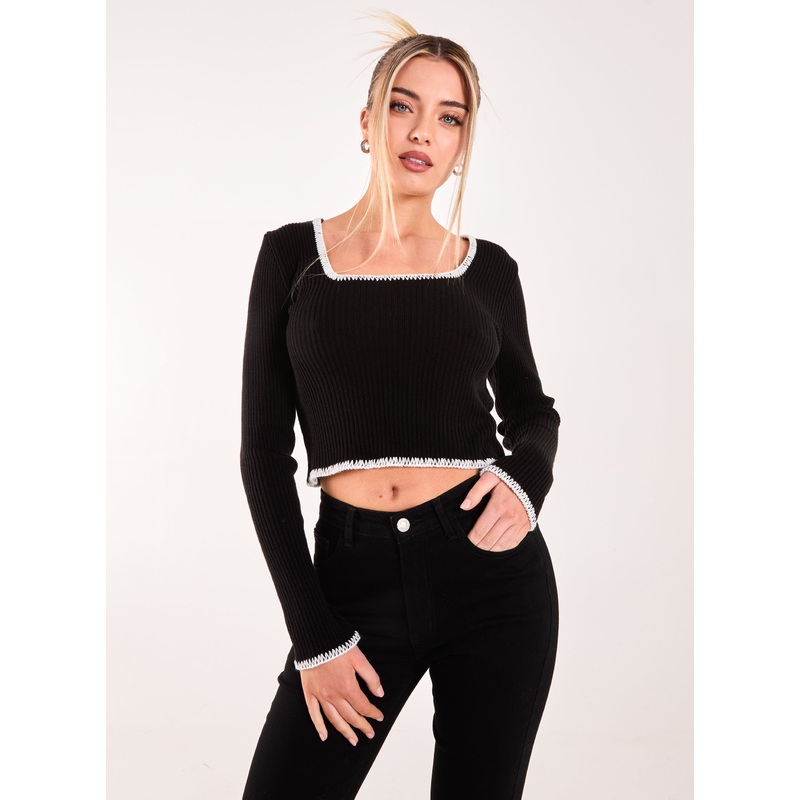 Contrast Stitch Long Sleeve Knit Top