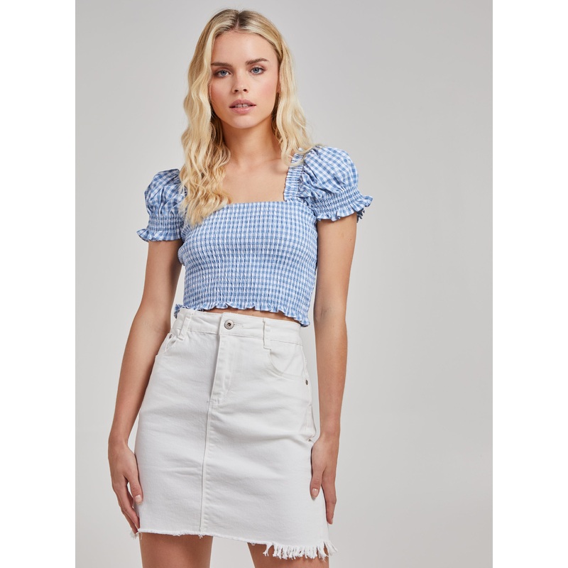 Cropped Ruched Check Top-S/M & M/L-Blue