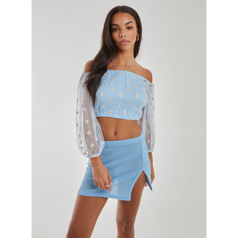 Daisy Embroidered Bardot Top-S & M & L-Blue