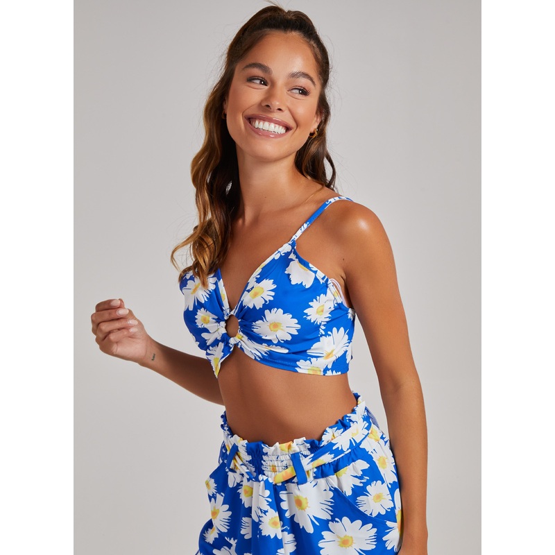 Daisy Print Tie Back Crop Top-6 & 8 & 10 & 12 & 14-Blue