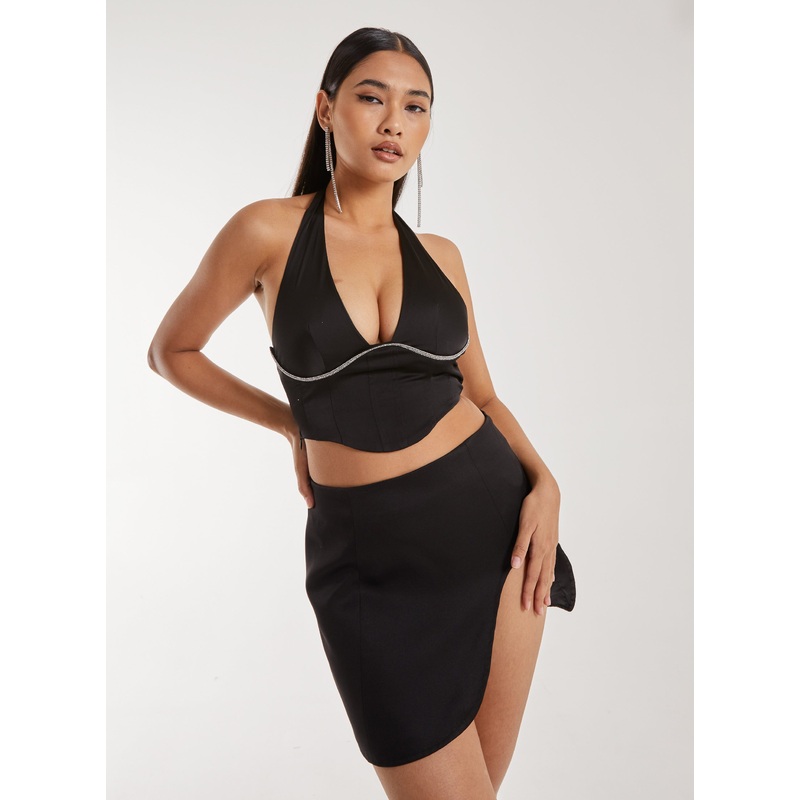Diamante Halter Neck Top-6 & 8 & 10 & 12 & 14-Black