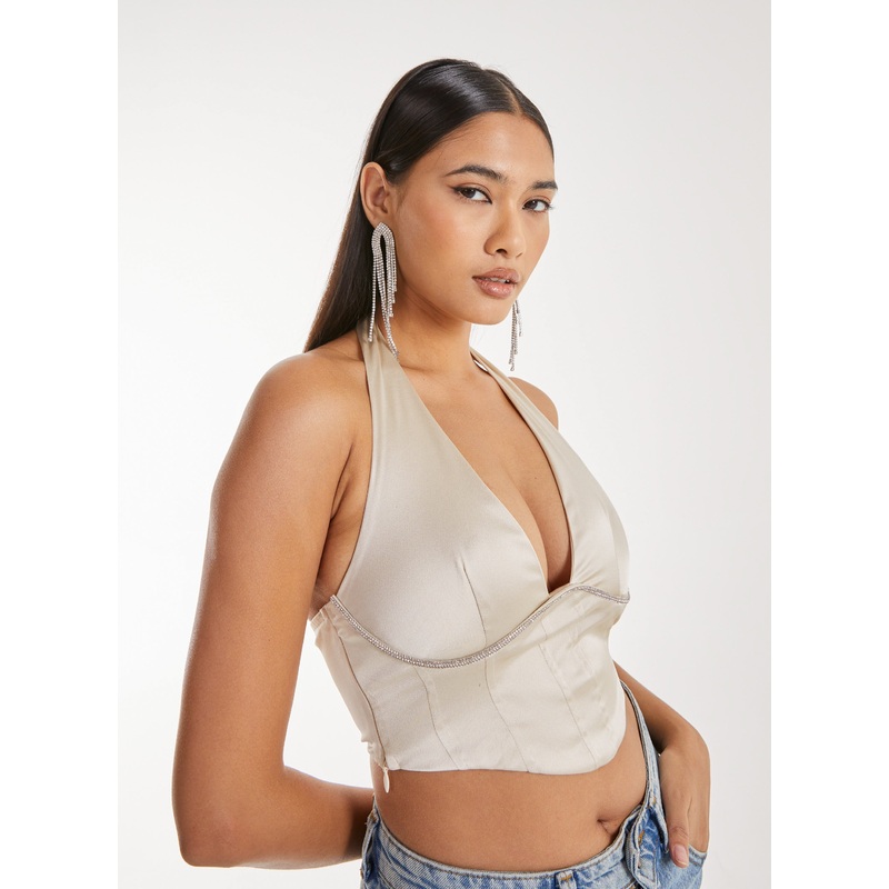 Diamante Halter Neck Top-6 & 8 & 10 & 12 & 14-Champagne