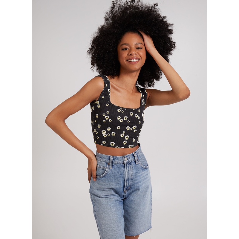 Floral Crop Top-S & M & L-Black