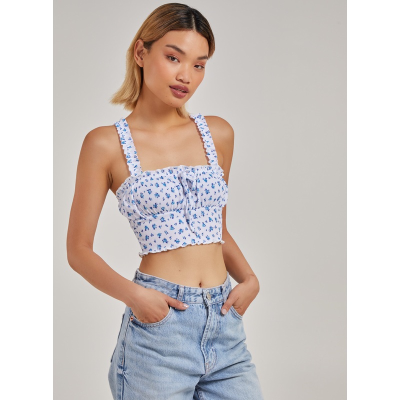 Frill Detail Floral Cami Top-S & M & L-White Pattern