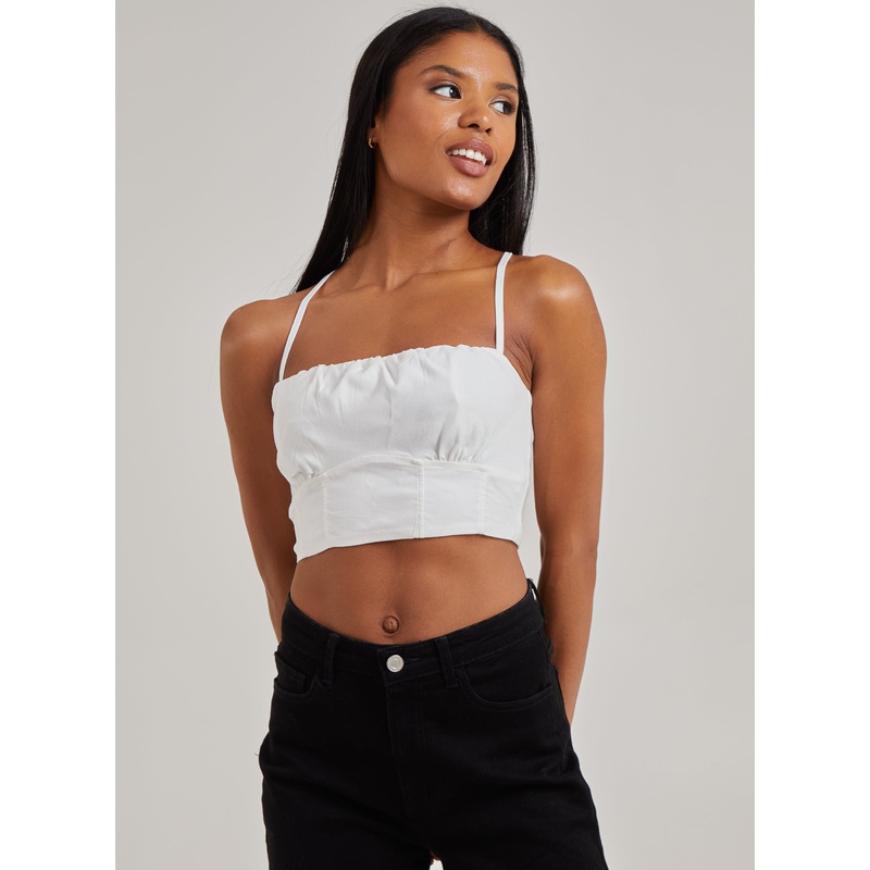 Gathered Bengaline Crop Top-S & M & L-Ivory