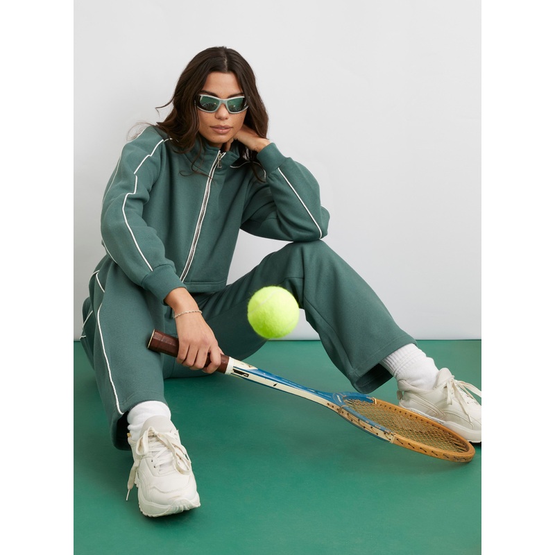 Piping Cropped Zip Up Sweat-S & M & L-Sage