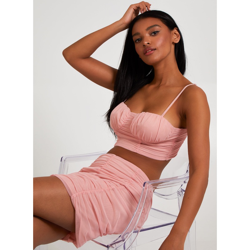 Ruched Mesh Crop Top-S & M & L-Pink