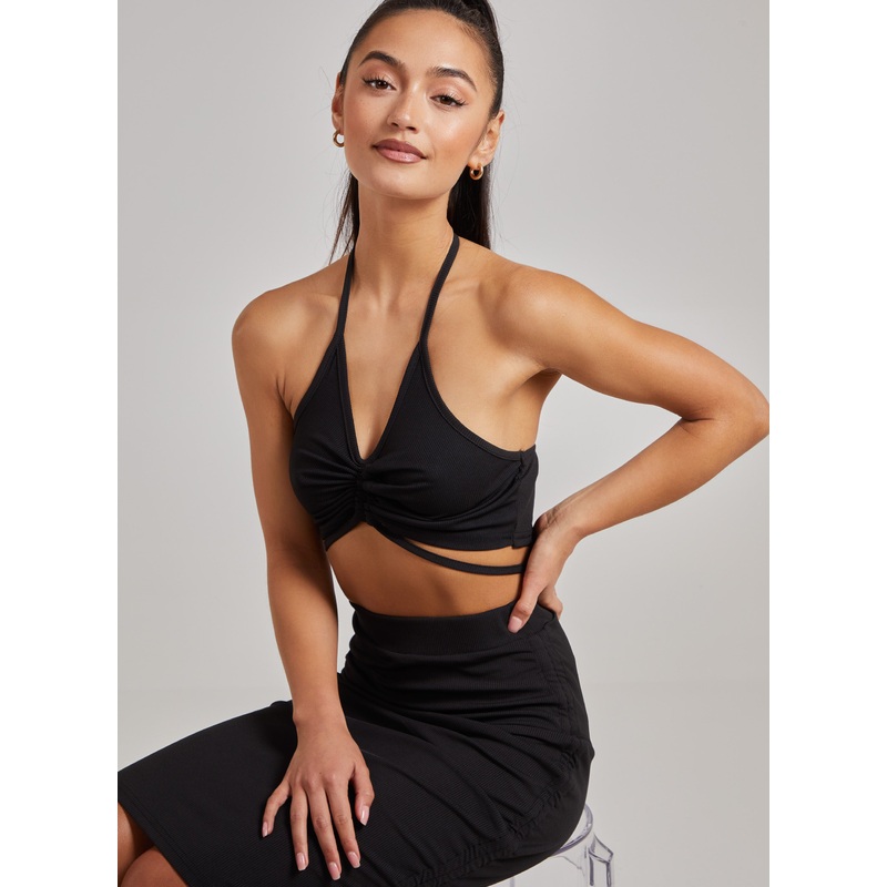 Ruched Ribbed Crop Top-S & M & L-Black