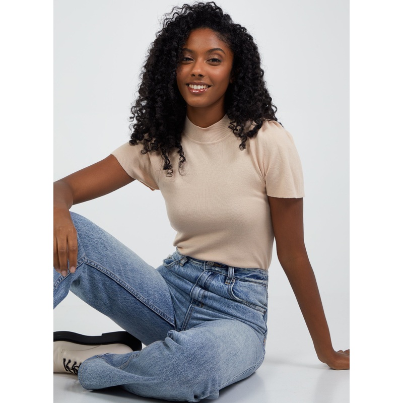 Short Puff Sleeves Rollneck Ribbed Top