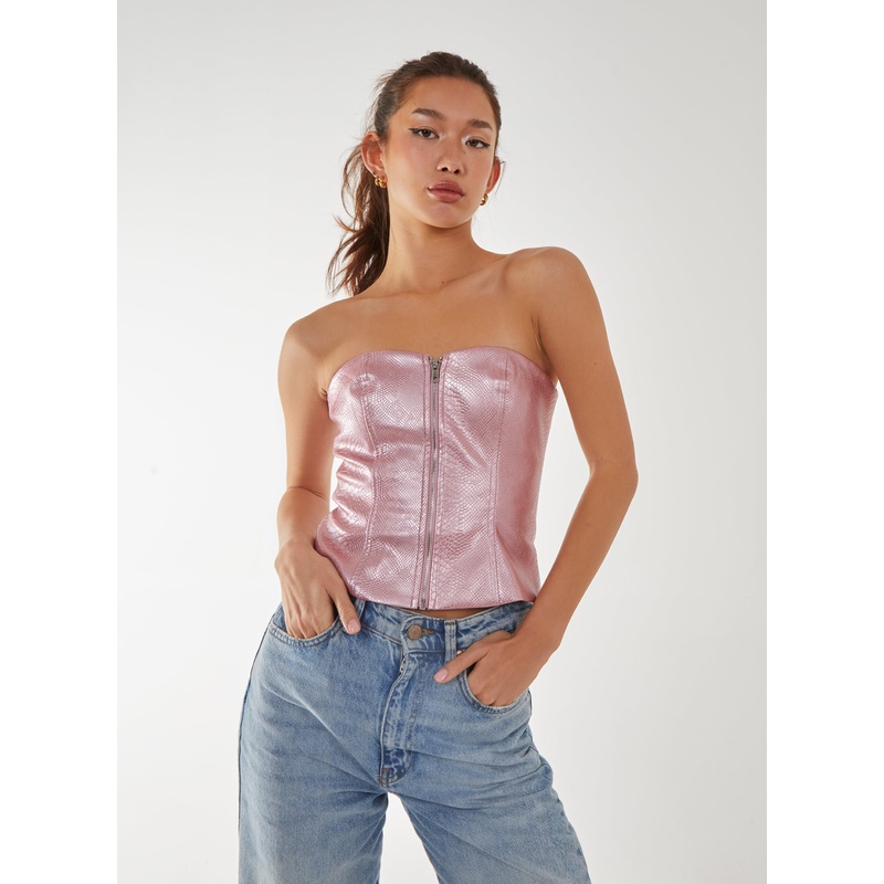 Snake PU Lace Up Corset Top-6 & 8 & 10 & 12 & 14-Pink