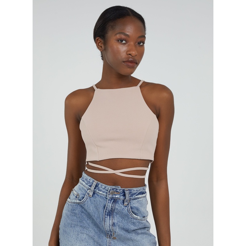 Tie Back Crop Top-S & M & L-Stone