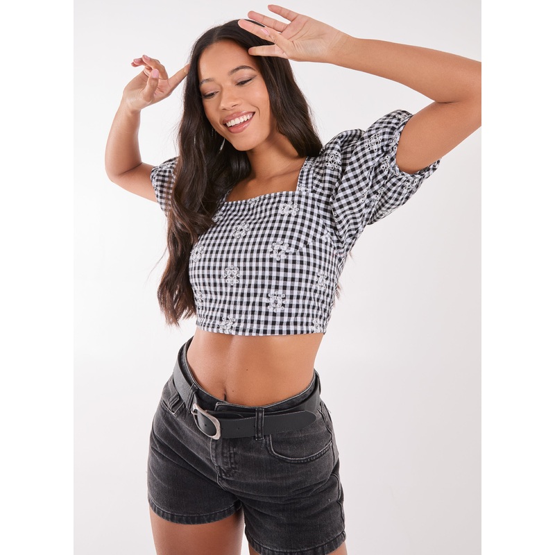 Tie Back Gingham Crop Top-S & M & L-BLACK