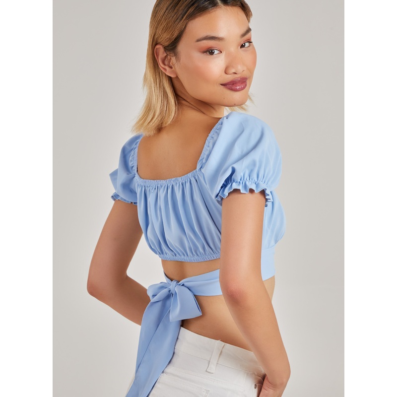 Tie Back Puff Sleeve Crop Top-S & M & L-Blue
