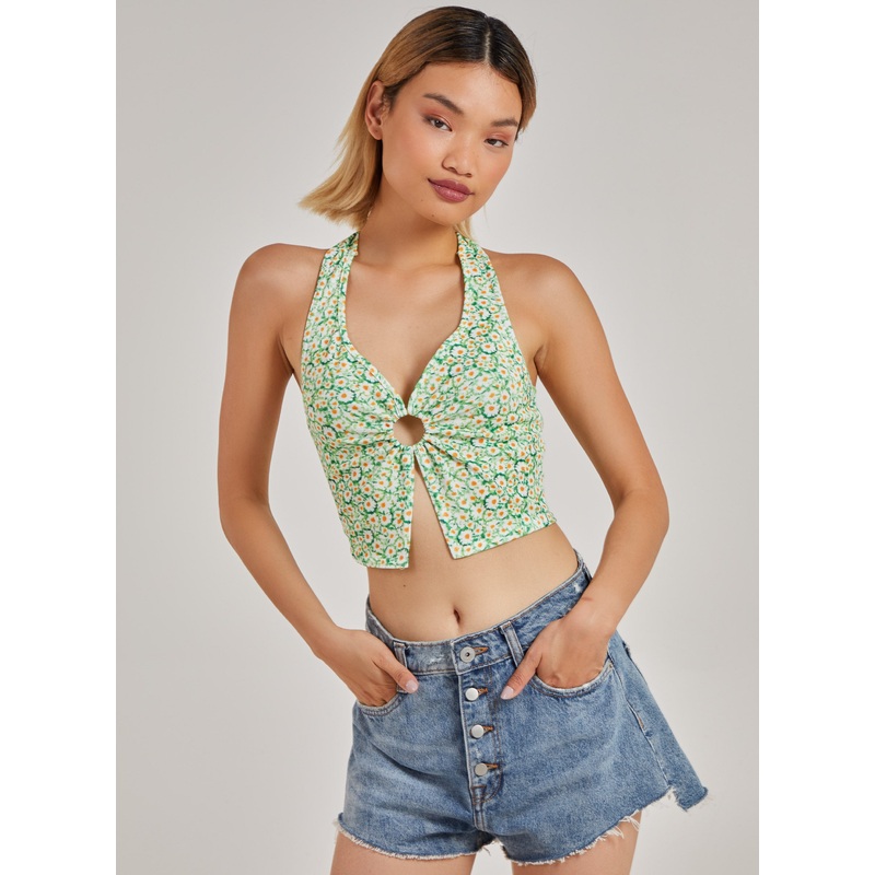 Daisy Print Halterneck Top-S & M & L-Green