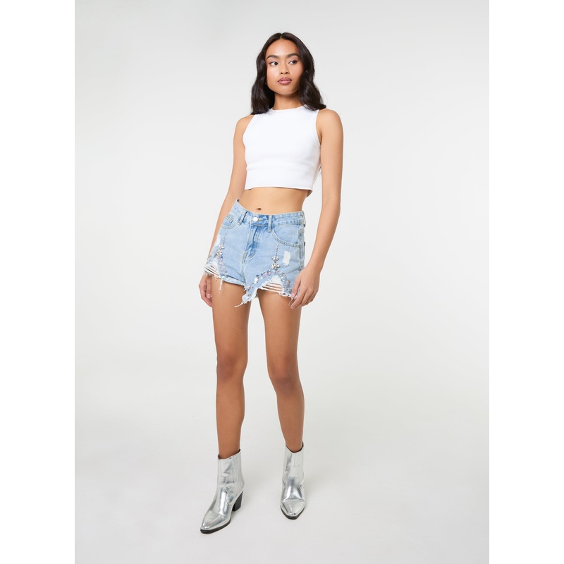 Denim Embellished Distressed Shorts