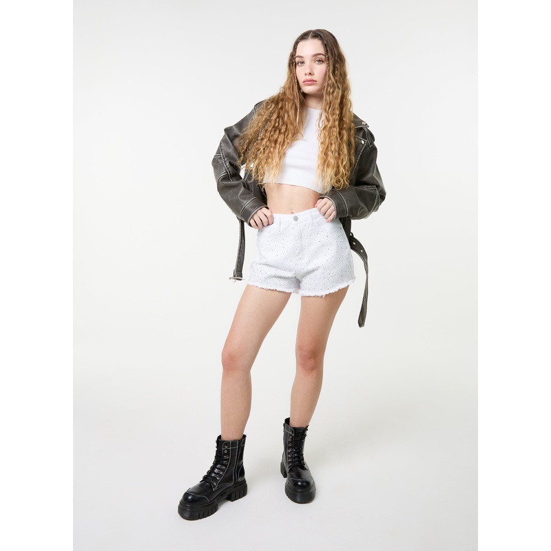 Denim Glitter Effect Diamante Shorts