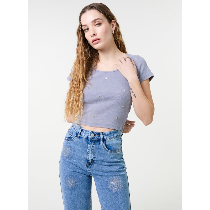 Embellished Wash Rib Top-S/M & M/L-BLUE