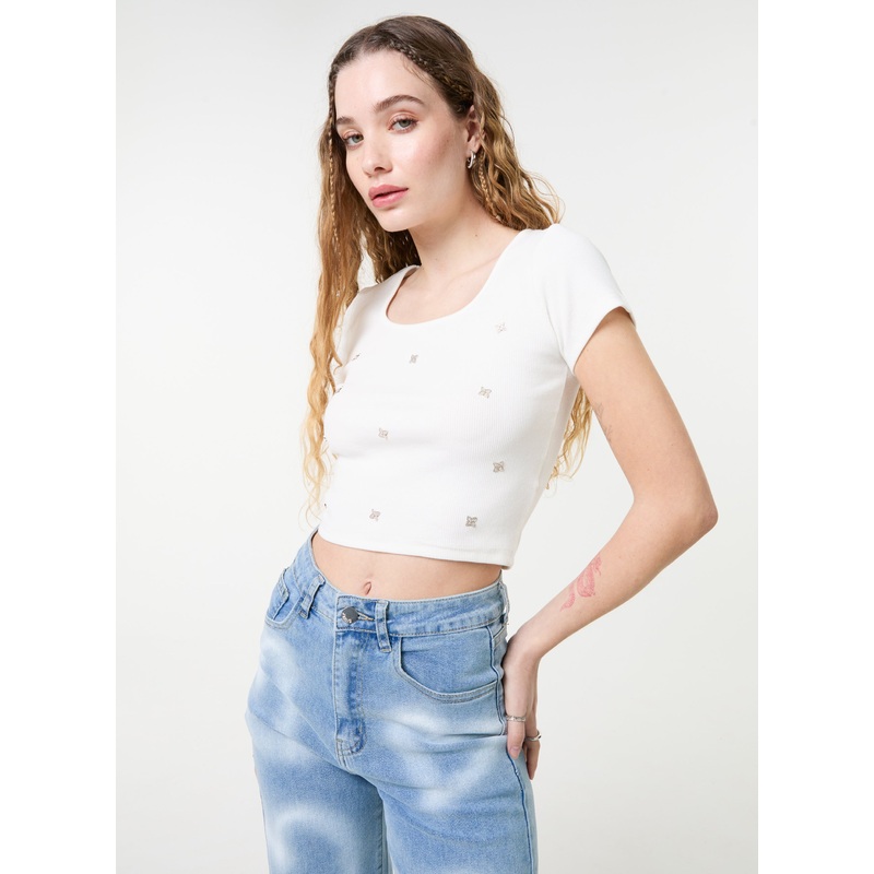 Embellished Wash Rib Top-S/M & M/L-WHITE