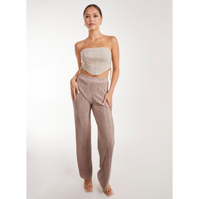 Plisse Flared Trousers-S & M & L-MOCHA
