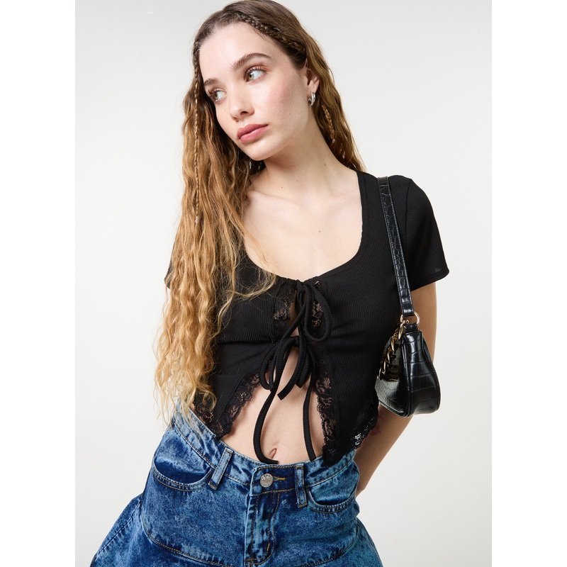 Ribbed Lace Tie Front Top-S/M & M/L-BLACK