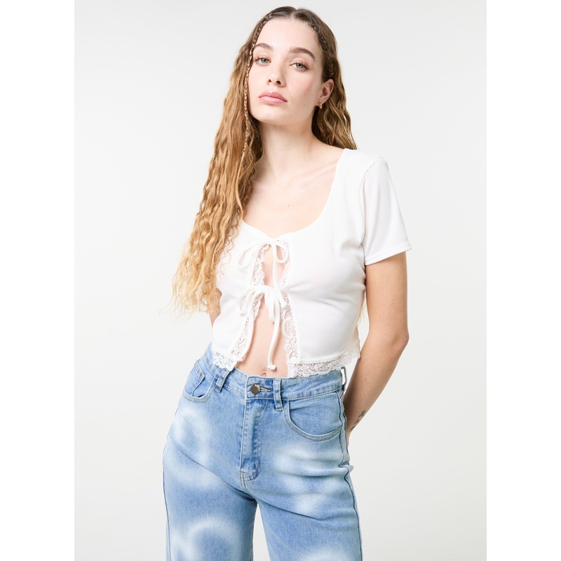 Ribbed Lace Tie Front Top-S/M & M/L-IVORY