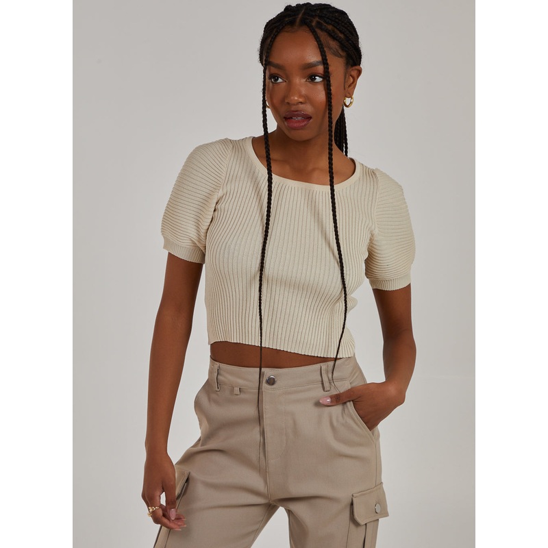 Scoop Neck Knit Crop Top-S & M & L-Stone