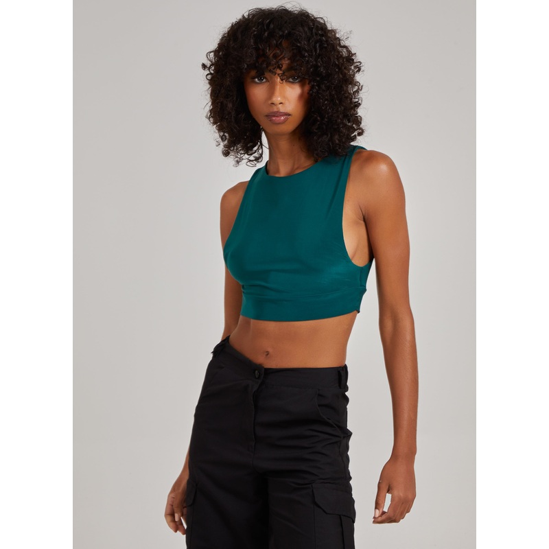 Sleeveless Slinky Crop Top-S/M & M/L-Bottle Green
