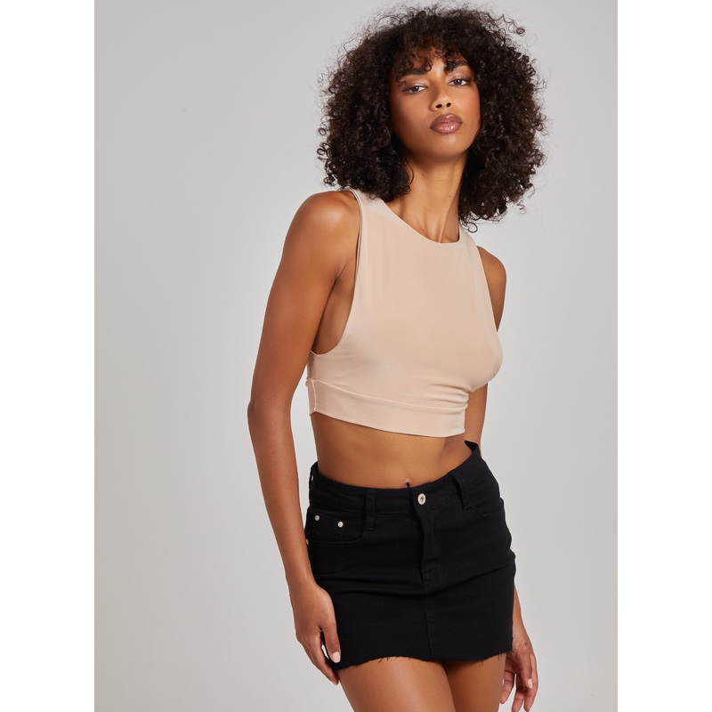 Sleeveless Slinky Crop Top-S/M & M/L-Stone
