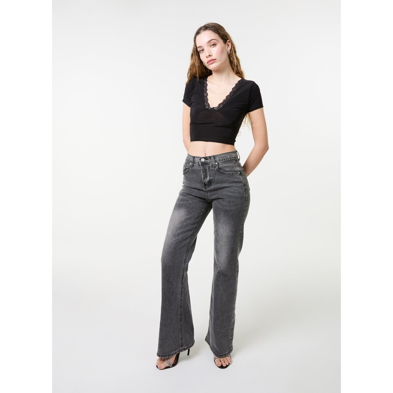 Slinky V Neck Top With Lace Trim