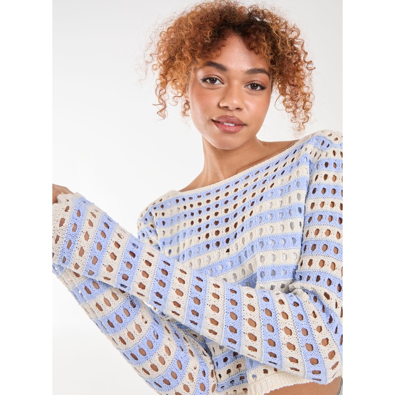Striped Crochet Jumper-S & M & L-Light Blue