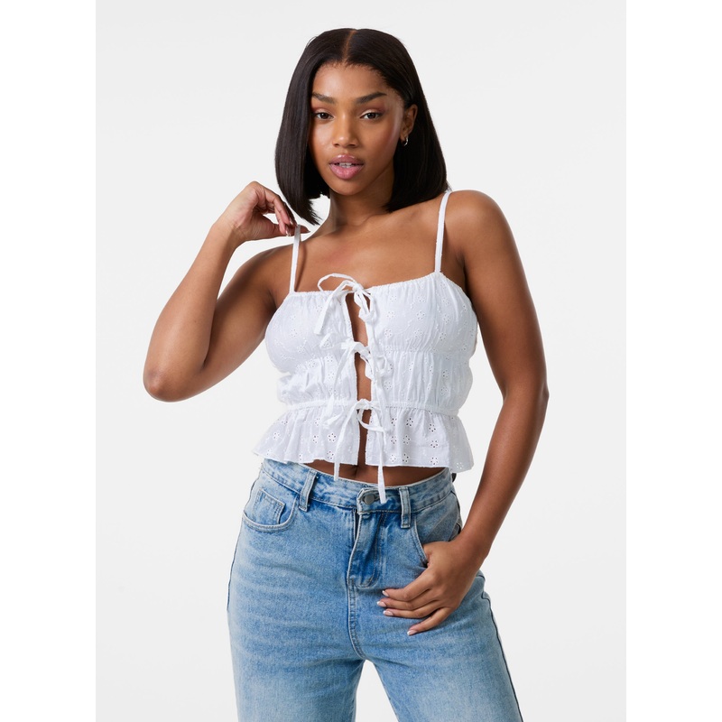 Tie Front Broderie Cami Top-S & M & L-IVORY
