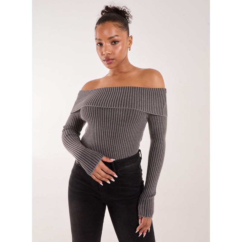Two Tone Rib Bardot Top-S/M & M/L-BLACK