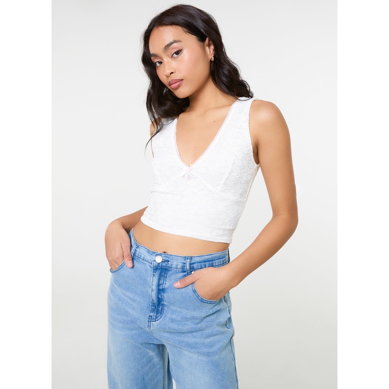 V Neck Lace Crop Top-S & M & L-IVORY