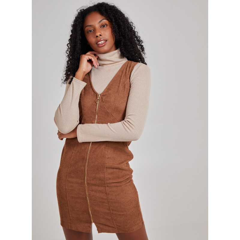 Zip Through Cord Dress-8 & 10 & 12 & 14-Tan