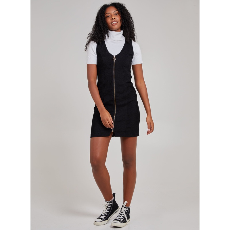 Zip Through Corduroy Dress-8 & 10 & 12 & 14-Black