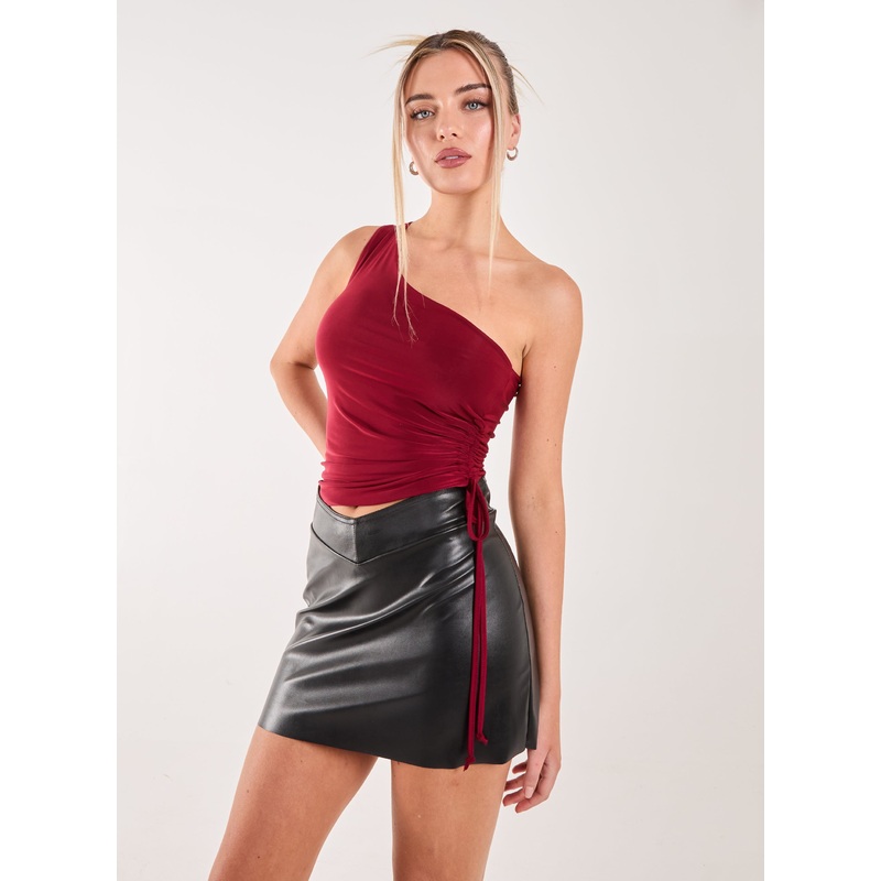 Asymmetric Side Ruched Top-S & M & L-WINE