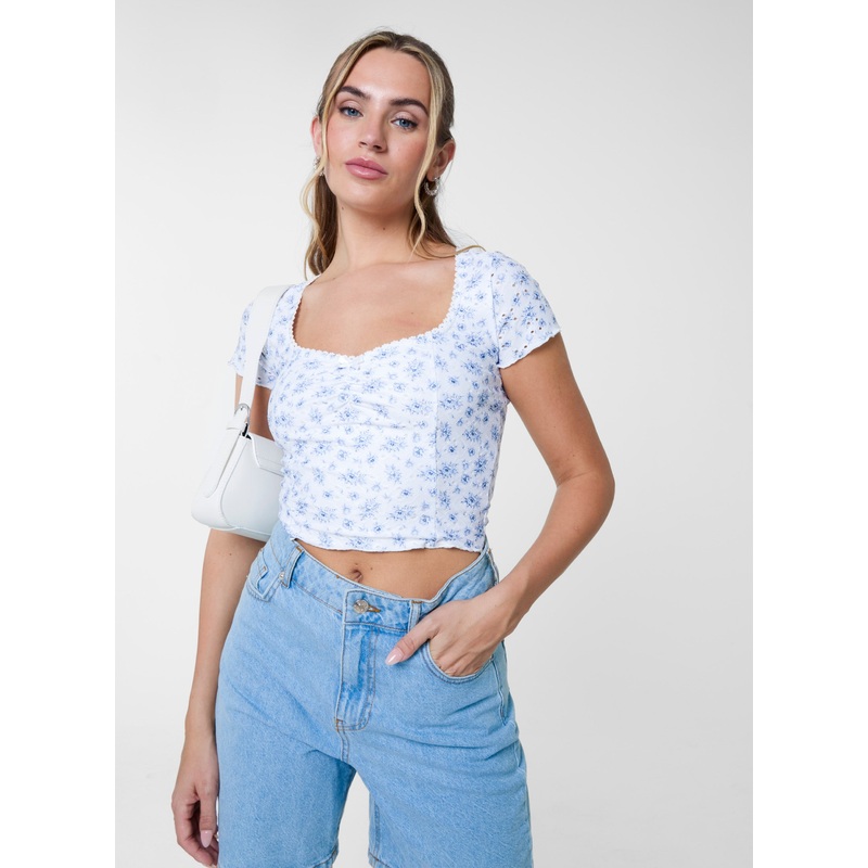 Broderie Ditsy Crop Top-S & M & L-WHITE/BLUE