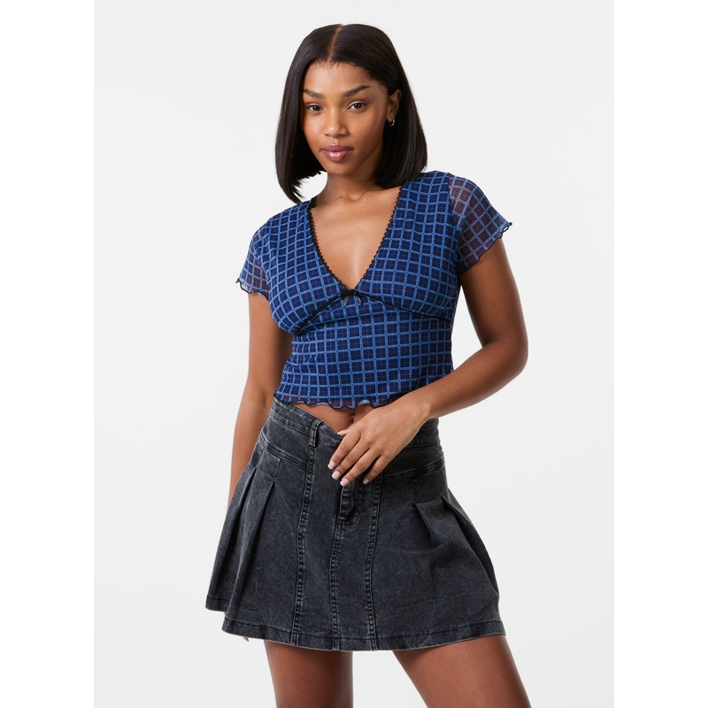 Check Cap Sleeve Crop Top-S & M & L-NAVY