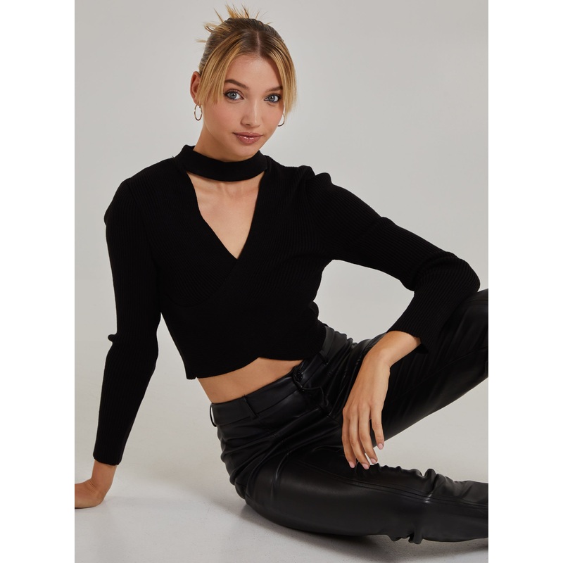 Choker Twist Front Knit Top-S & M & L-Black