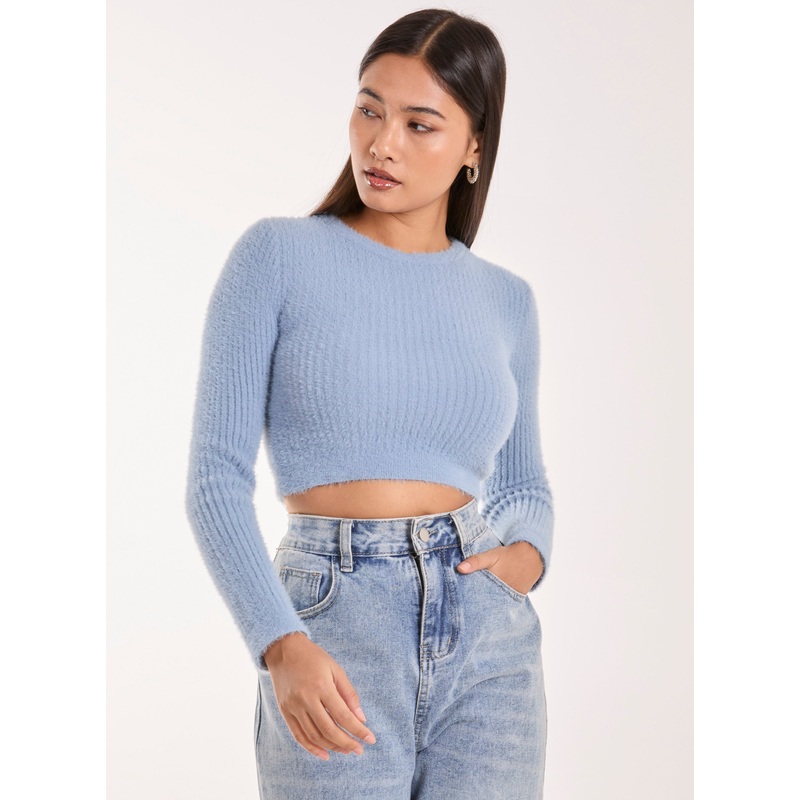 Cropped Knit Rib Top-S/M & M/L-BLUE