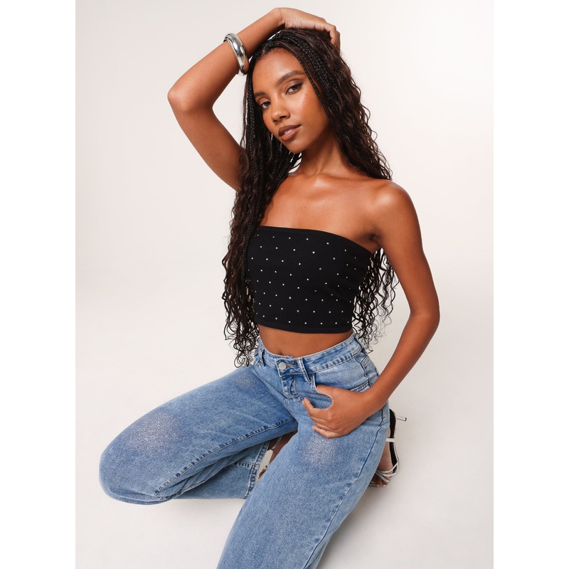 Diamante Bandeau Crop Top-ONE-BLACK