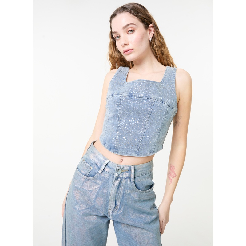 Diamante Denim Corset Top-S/M & M/L-DENIM